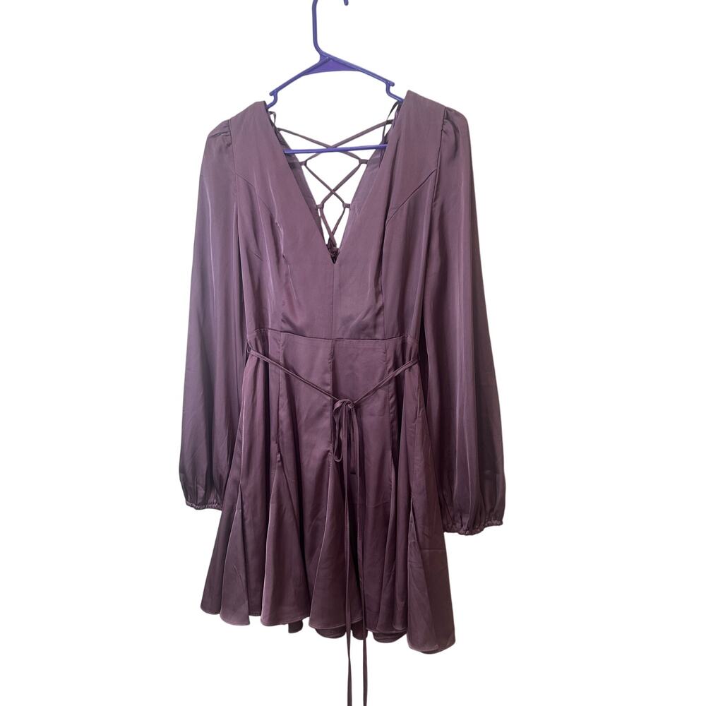 Fab’rik NWT Roxy Cross Back Dress Sz L Wine Purple Satin Flowy Short Tie Waist